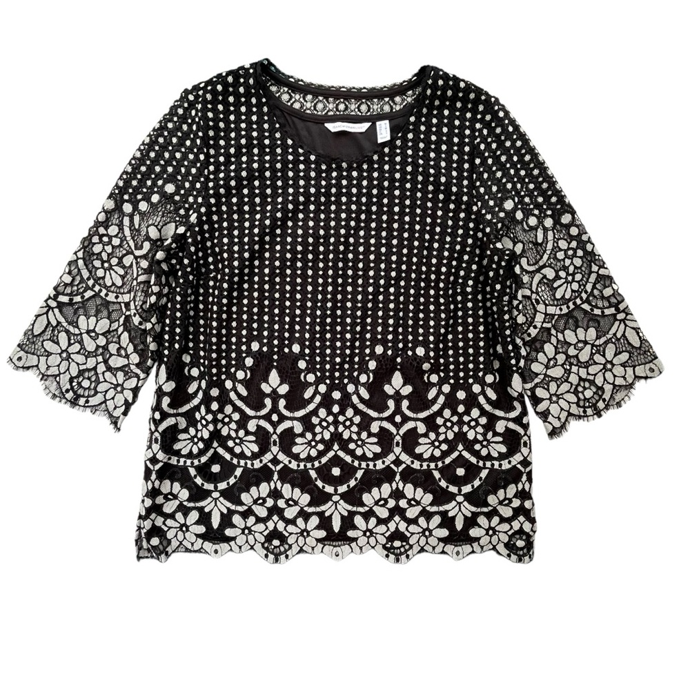 Isaac Mizrahi Live! Womens Size Medium Black White Lace 3/4 Sleeve Tunic A301938